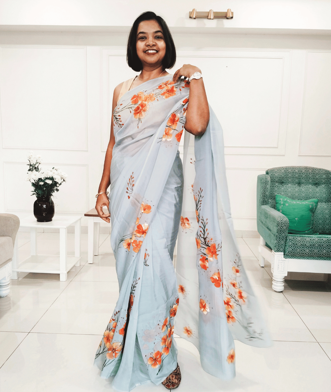 GULMOHAR - Handpainted Floral Organza Saree - Grey