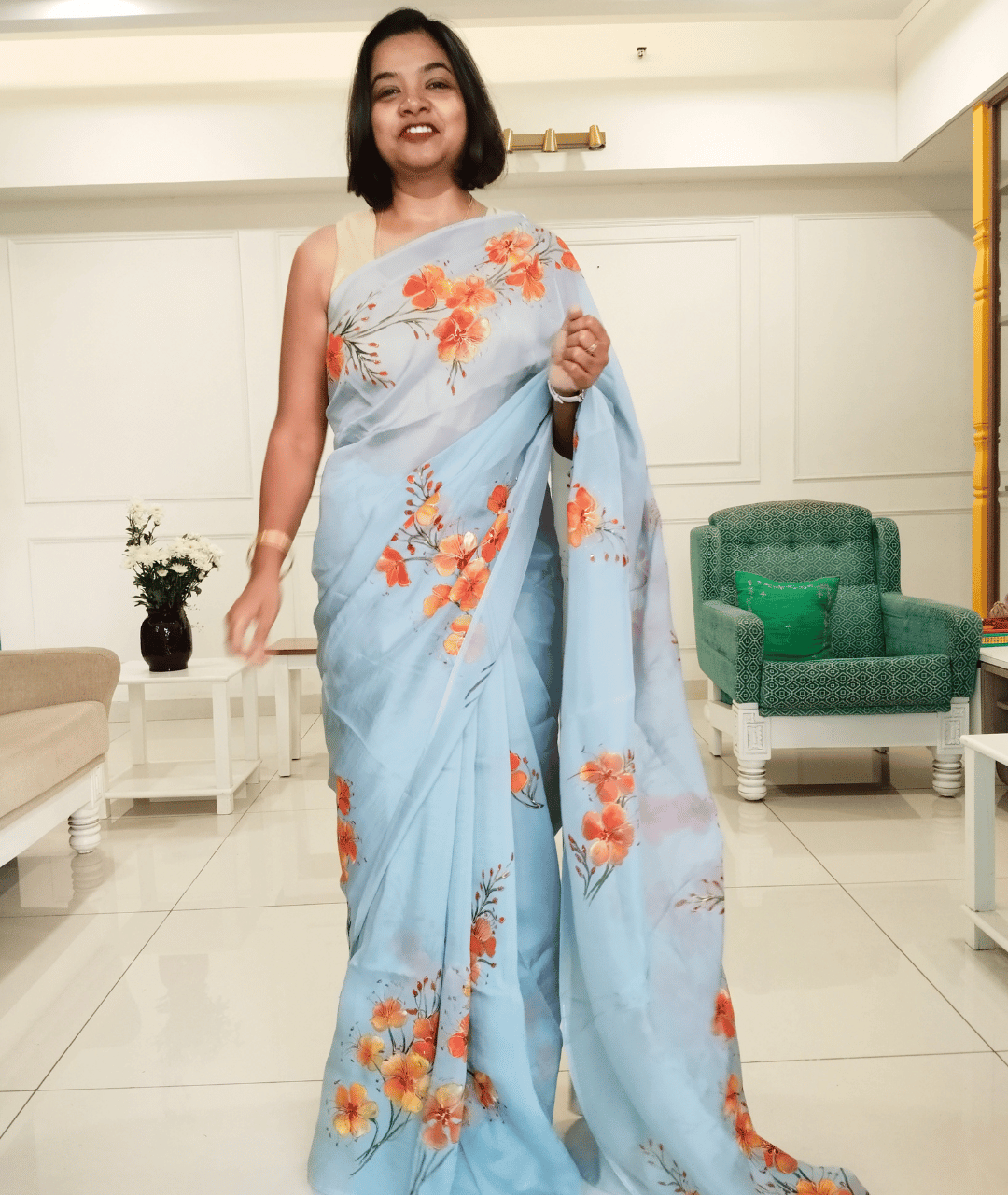 GULMOHAR - Handpainted Floral Organza Saree - Grey