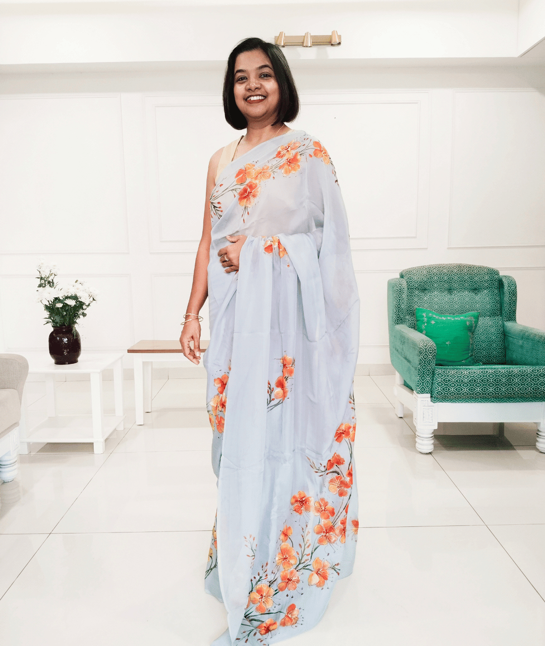 GULMOHAR - Handpainted Floral Organza Saree - Grey