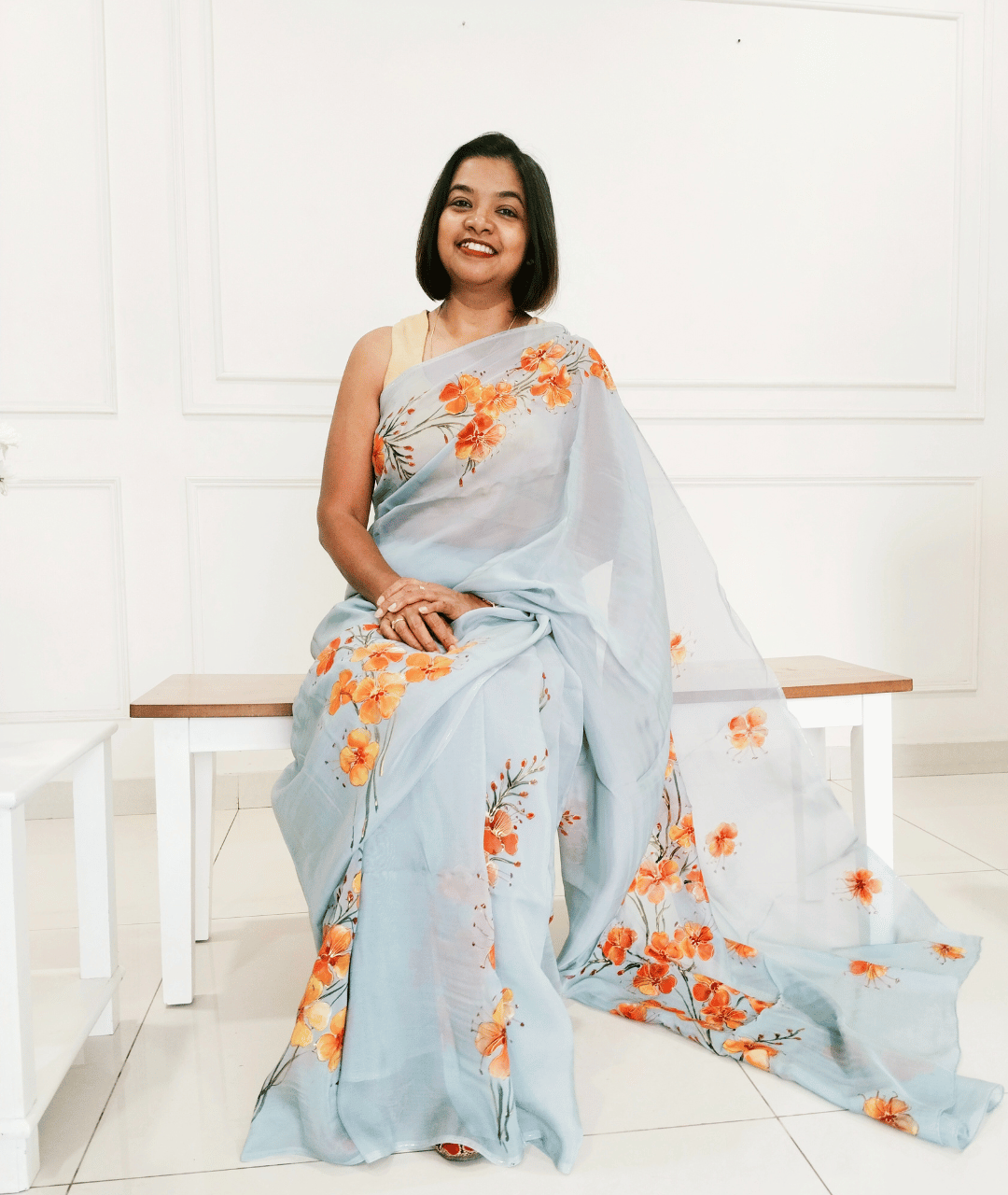 GULMOHAR - Handpainted Floral Organza Saree - Grey