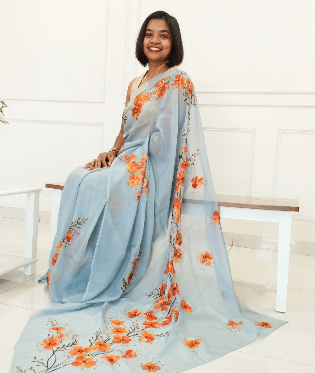 GULMOHAR - Handpainted Floral Organza Saree - Grey