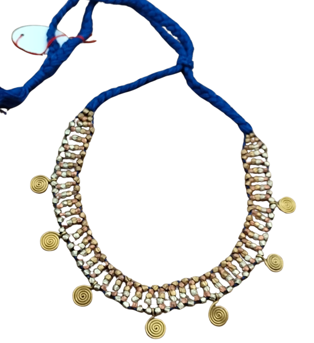Advaita Handicrafts Ethnic Collection - Dhokra Brass Necklace with Blue Thread (Wheel of Life).