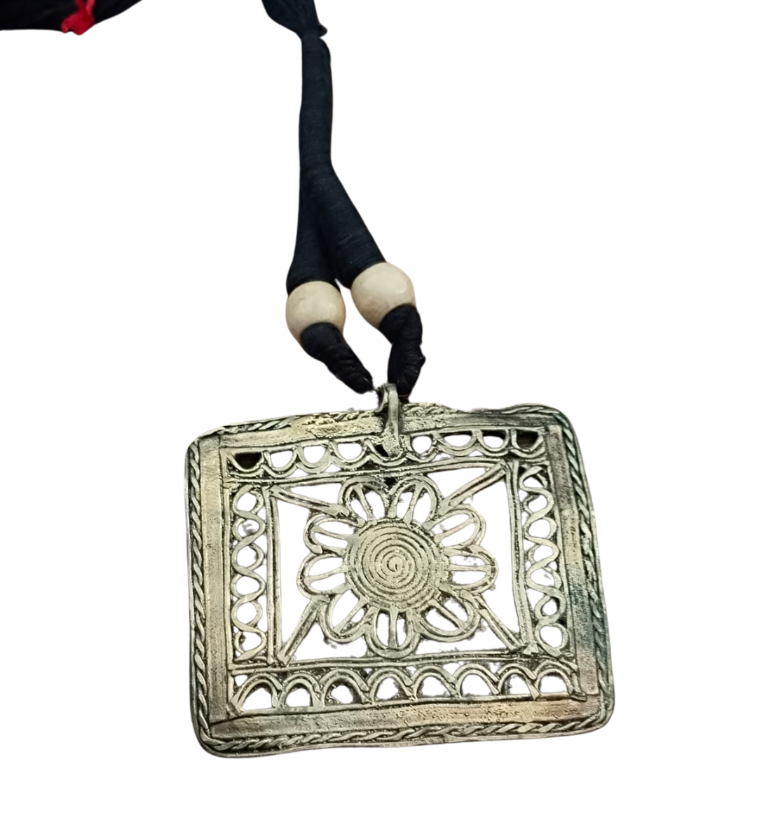 Advaita Handicrafts Ethnic Collection Square Floral Dhokra Brass Pendant with Black Thread Necklace