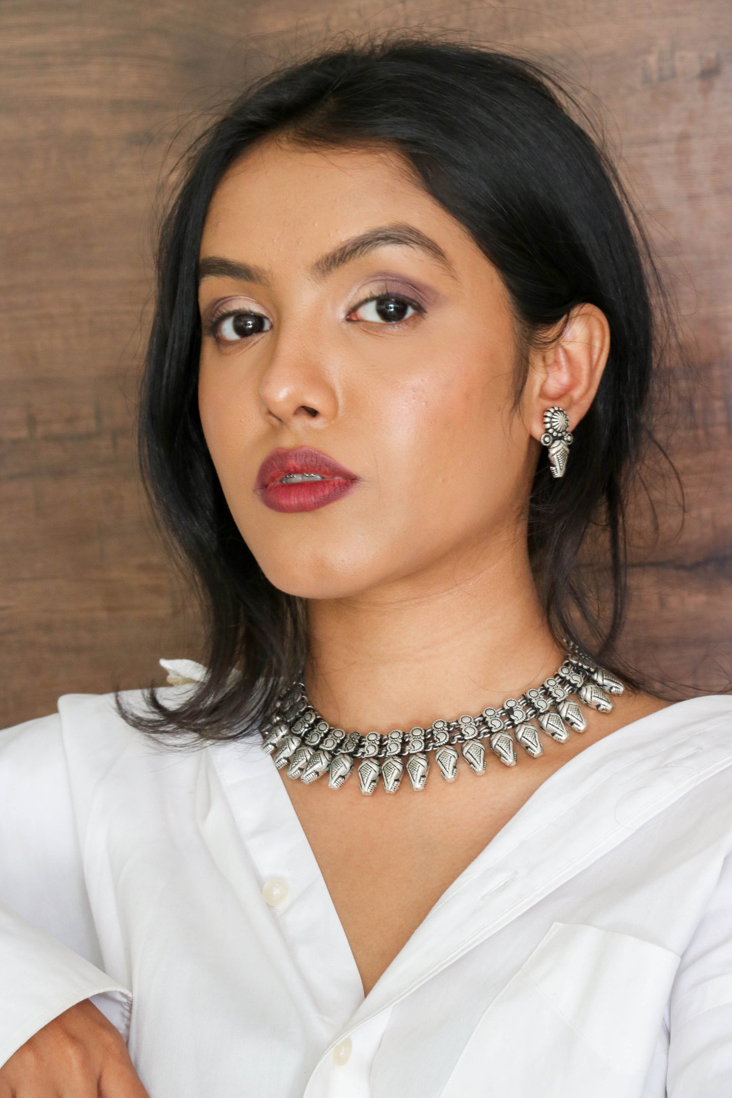 Oxidized German Silver Statement Choker with Teardrop Pendants Motifs