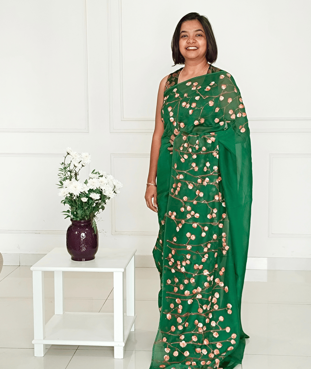 ROSE BUD- Handpainted Floral Organza Saree - Green