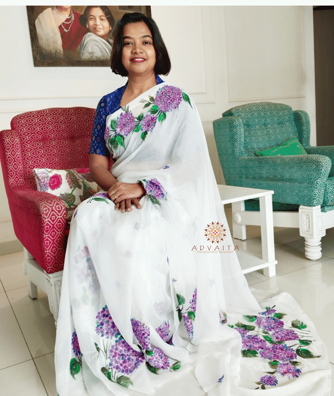 LILAC - Handpainted Floral Organza Saree - White