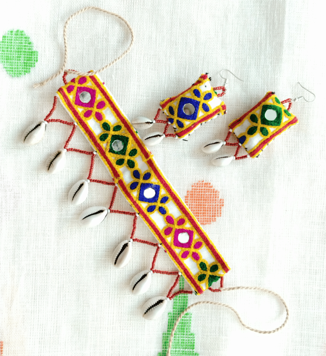 Navratri Special Sitara Fabric Necklace Set with Shankha Yellow