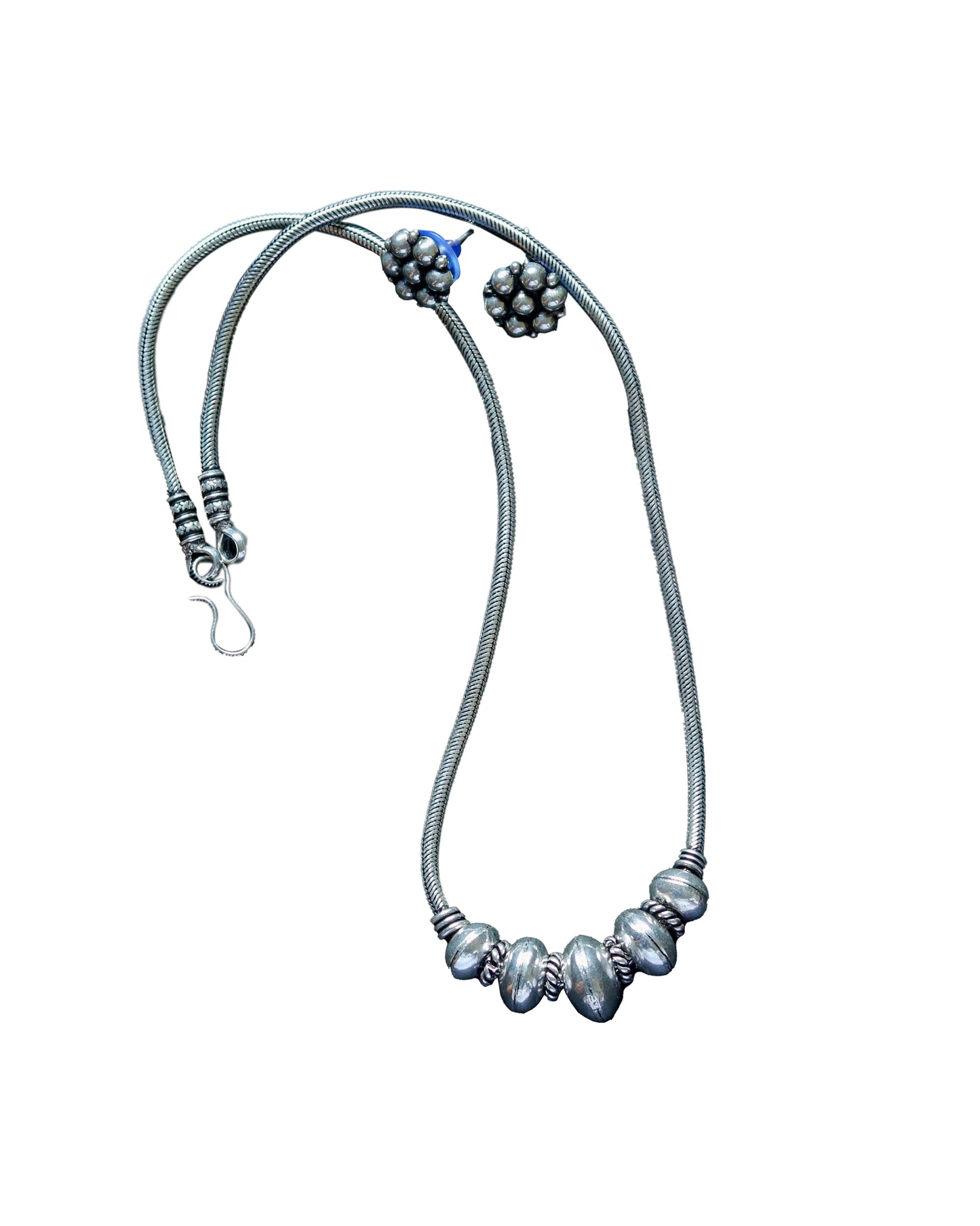 Oxidised German Silver Textured Bead Chain Necklace with Earrings