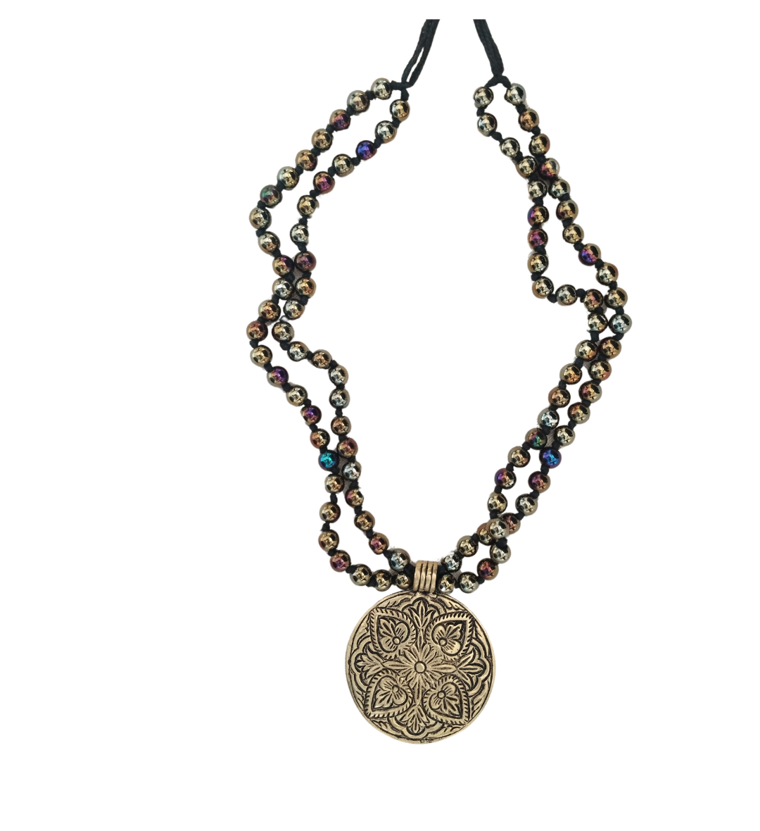 Advaita Handicrafts Ethnic Collection - Black Beads with Golden Brass Dhokra Round Pendant Necklace.
