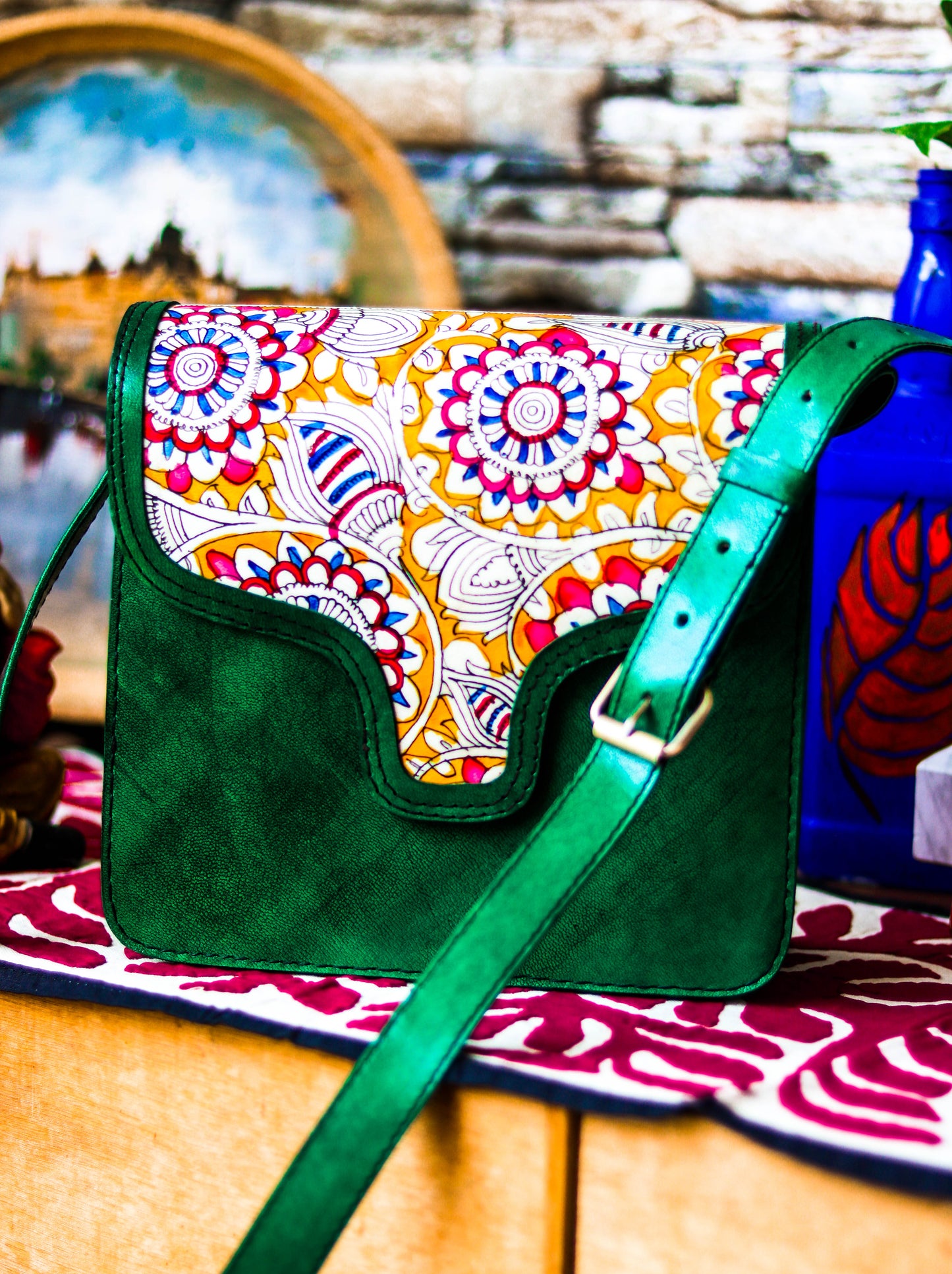 Advaita Handicrafts - Handpainted Leather Sling Purse - Green