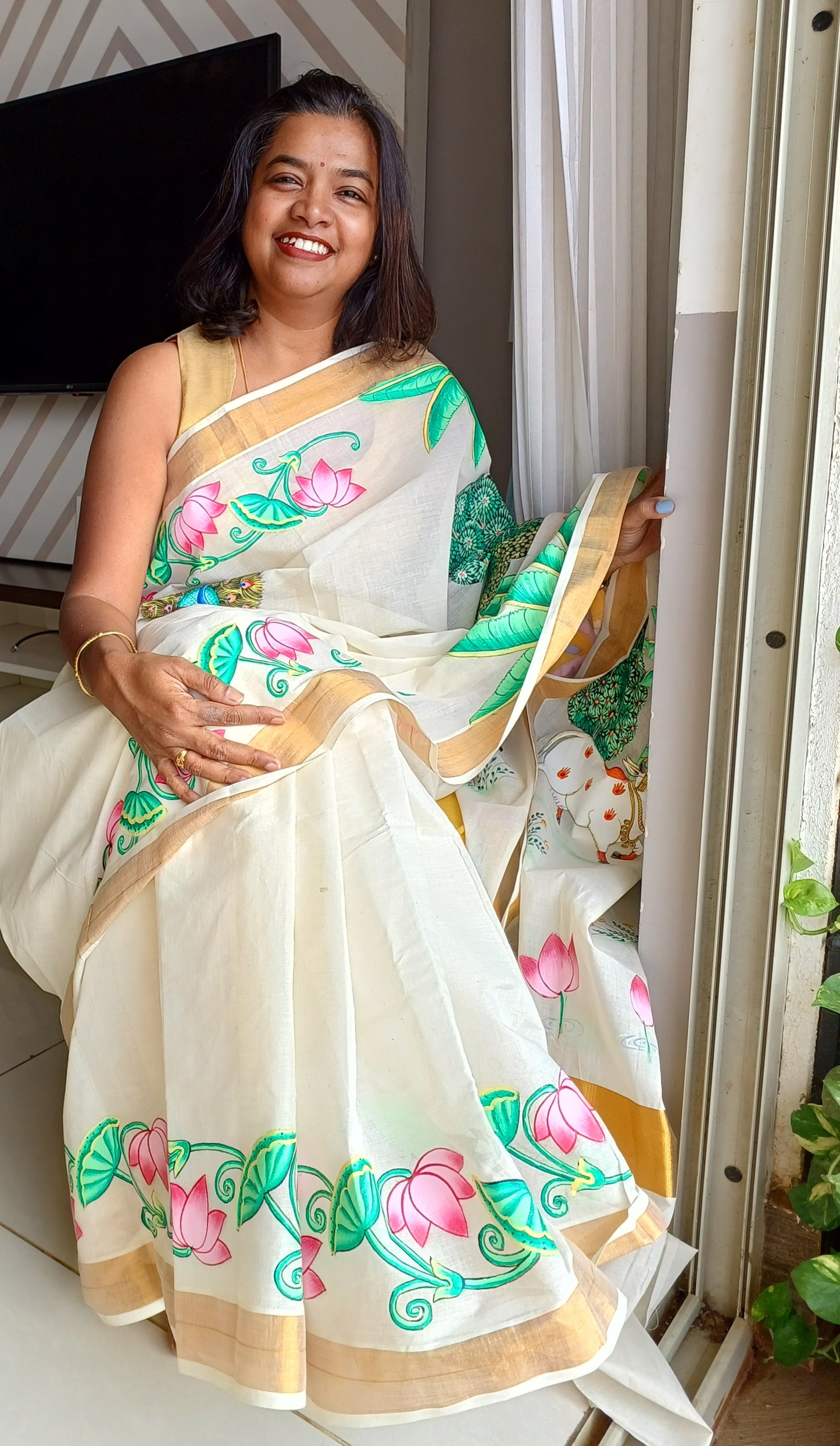 Hand-painted Pichwai Shrinathji Kerala Cotton Designer Saree