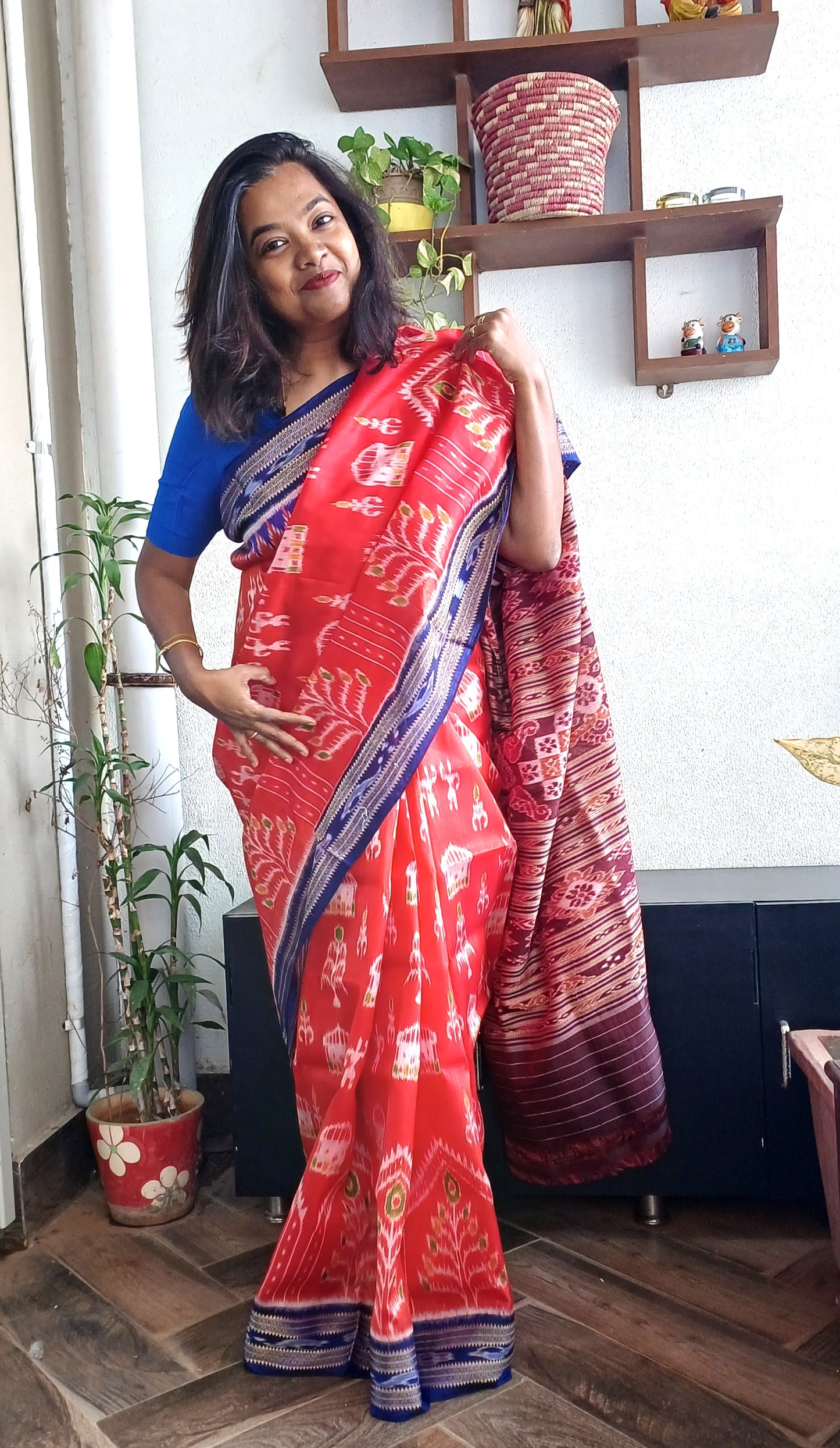 NUAPATNA TRIBAL WEAVE IKKAT SILK SAREE - ORANGE