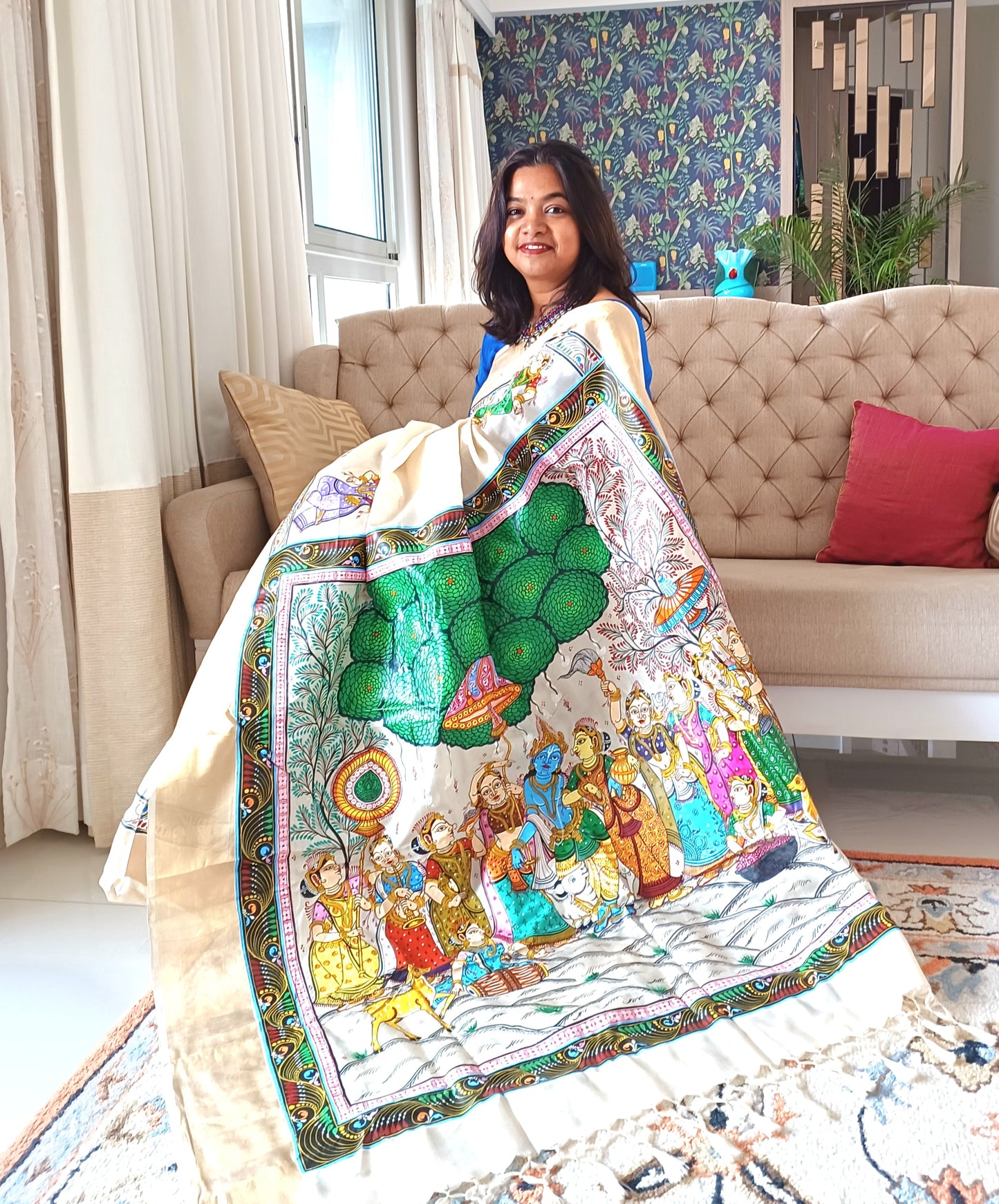 Krishna Raasleela Patachitra Saree - Multicolored on pure tassar silk