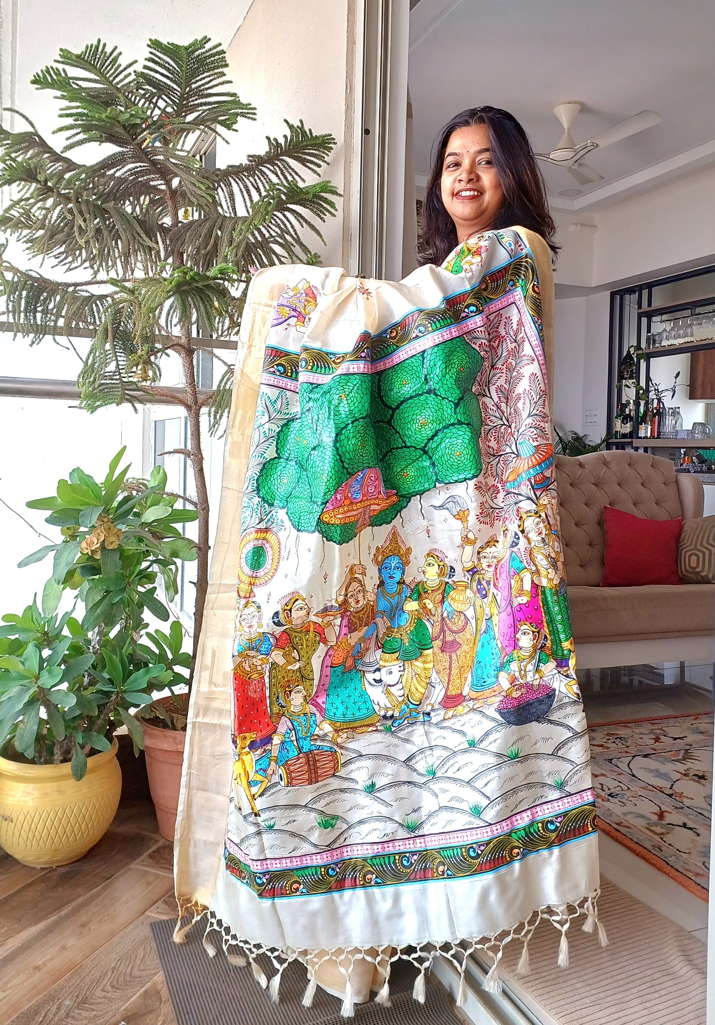 Krishna Raasleela Patachitra Saree - Multicolored on pure tassar silk