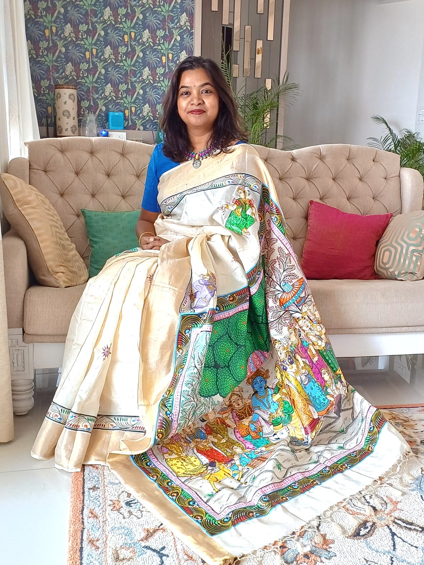 Krishna Raasleela Patachitra Saree - Multicolored on pure tassar silk