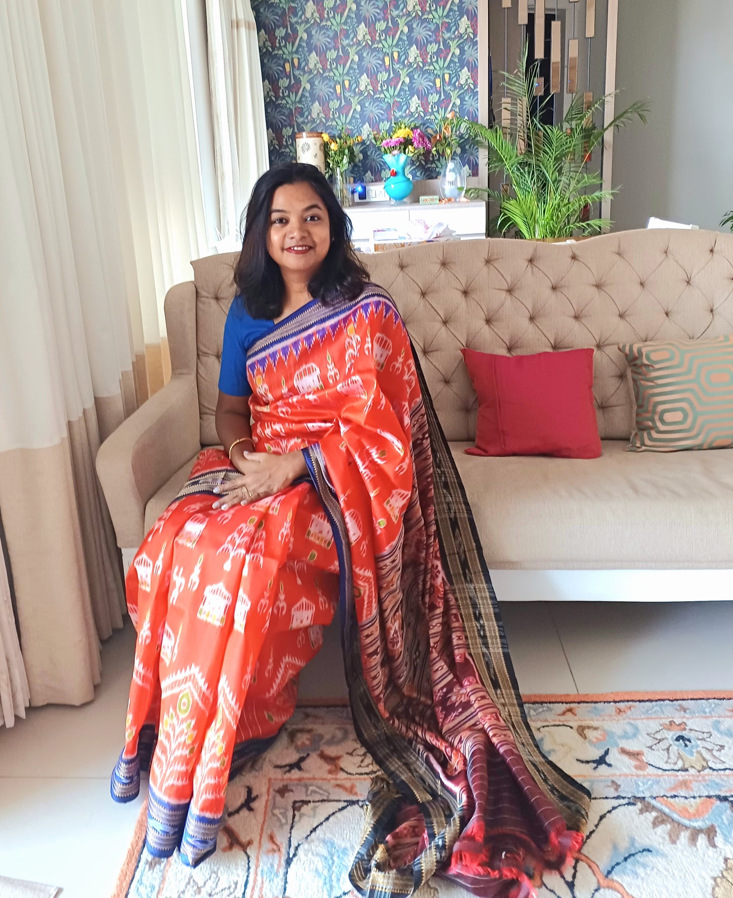 NUAPATNA TRIBAL WEAVE IKKAT SILK SAREE - ORANGE