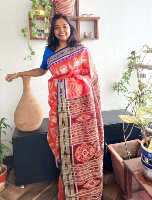 Nuapatna Tribal weave Pure Silk Ikkat Saree - Orange