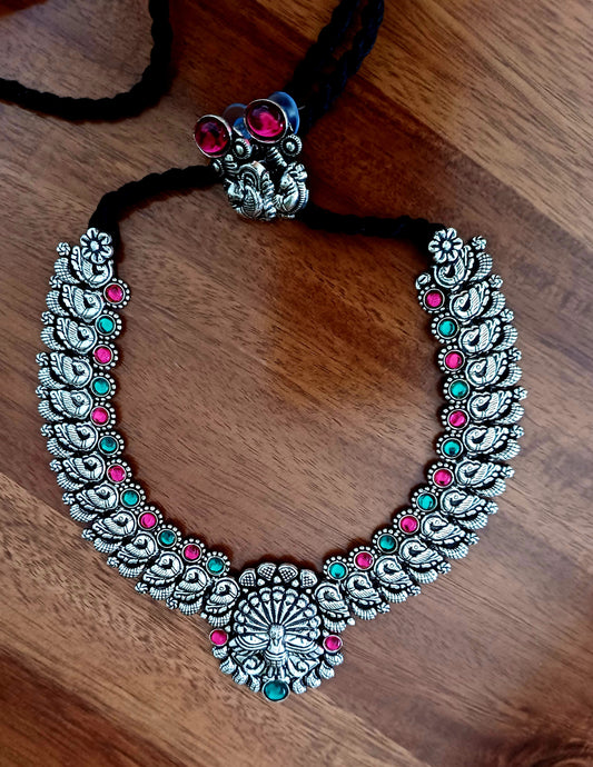 Advaita Handicrafts German Silver Oxidized Choker Necklace with Earrings