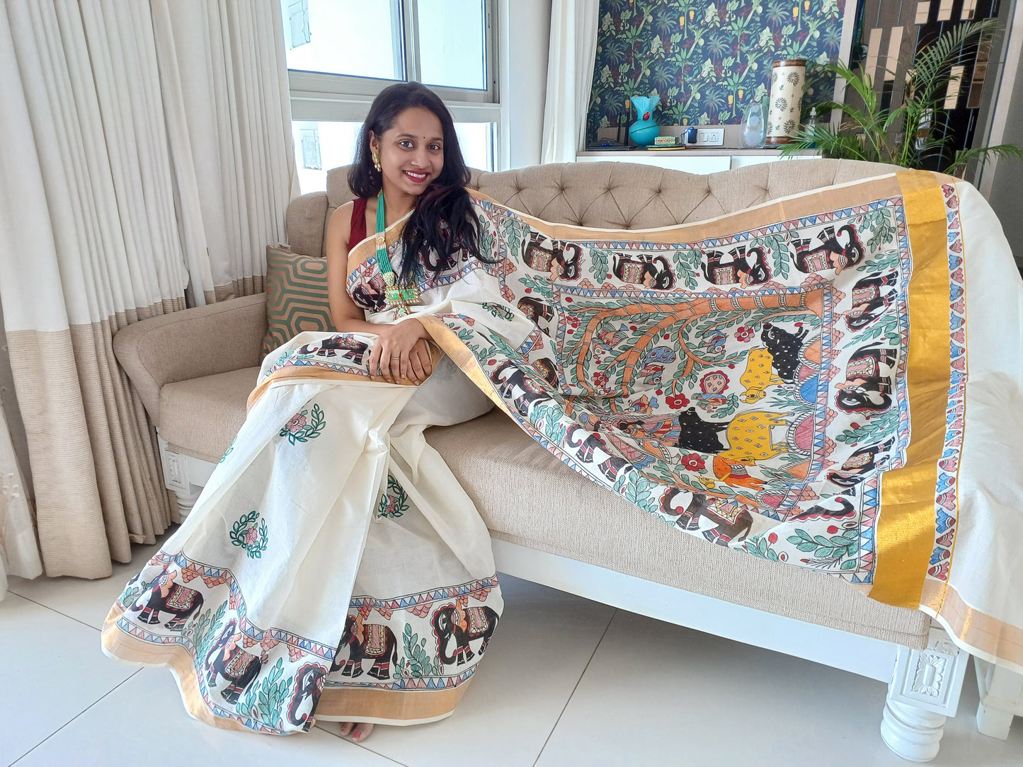Advaita Handicrafts hand painted Madhubani Saree - Click for variety.