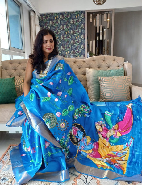 Hand-painted Radha Krishna Saree in pure tassar - Blue