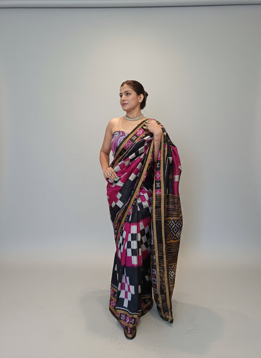 Naupatna Magenta Checks Pure silk Ikkat Saree
