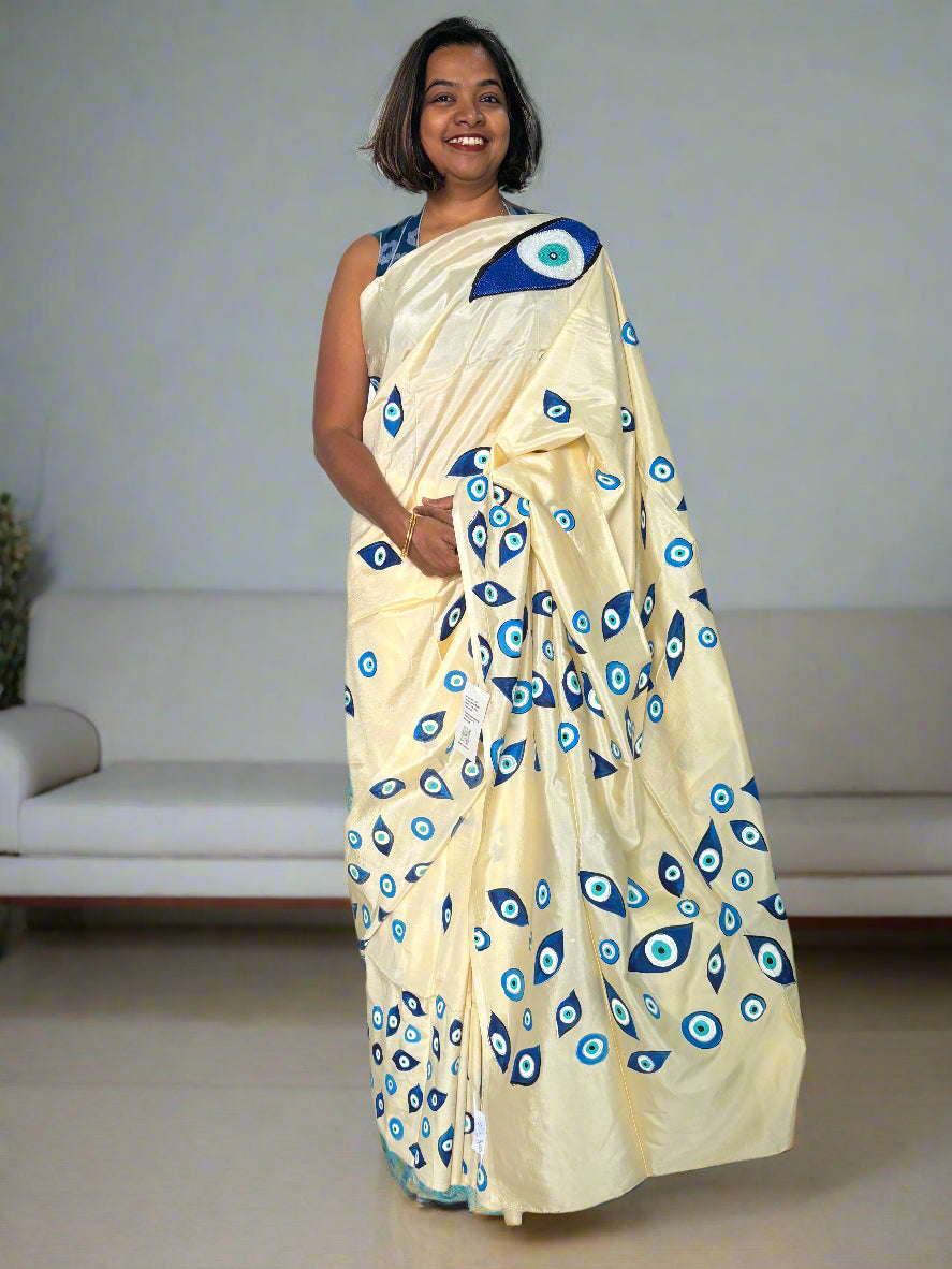 Off-White Cotton Silk Saree with Blue Evil Eye Design-2