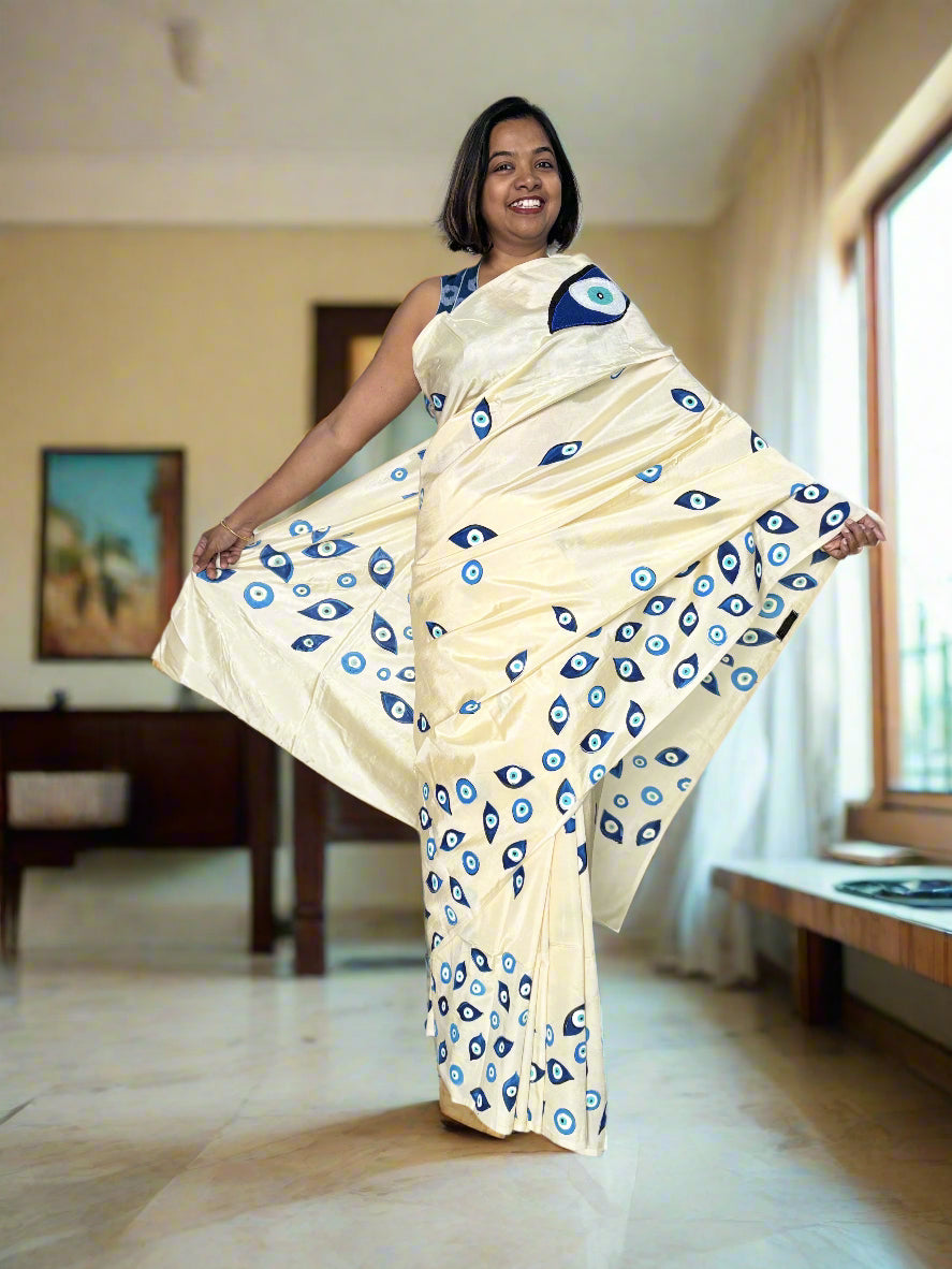 Off-White Cotton Silk Saree with Blue Evil Eye Design-2