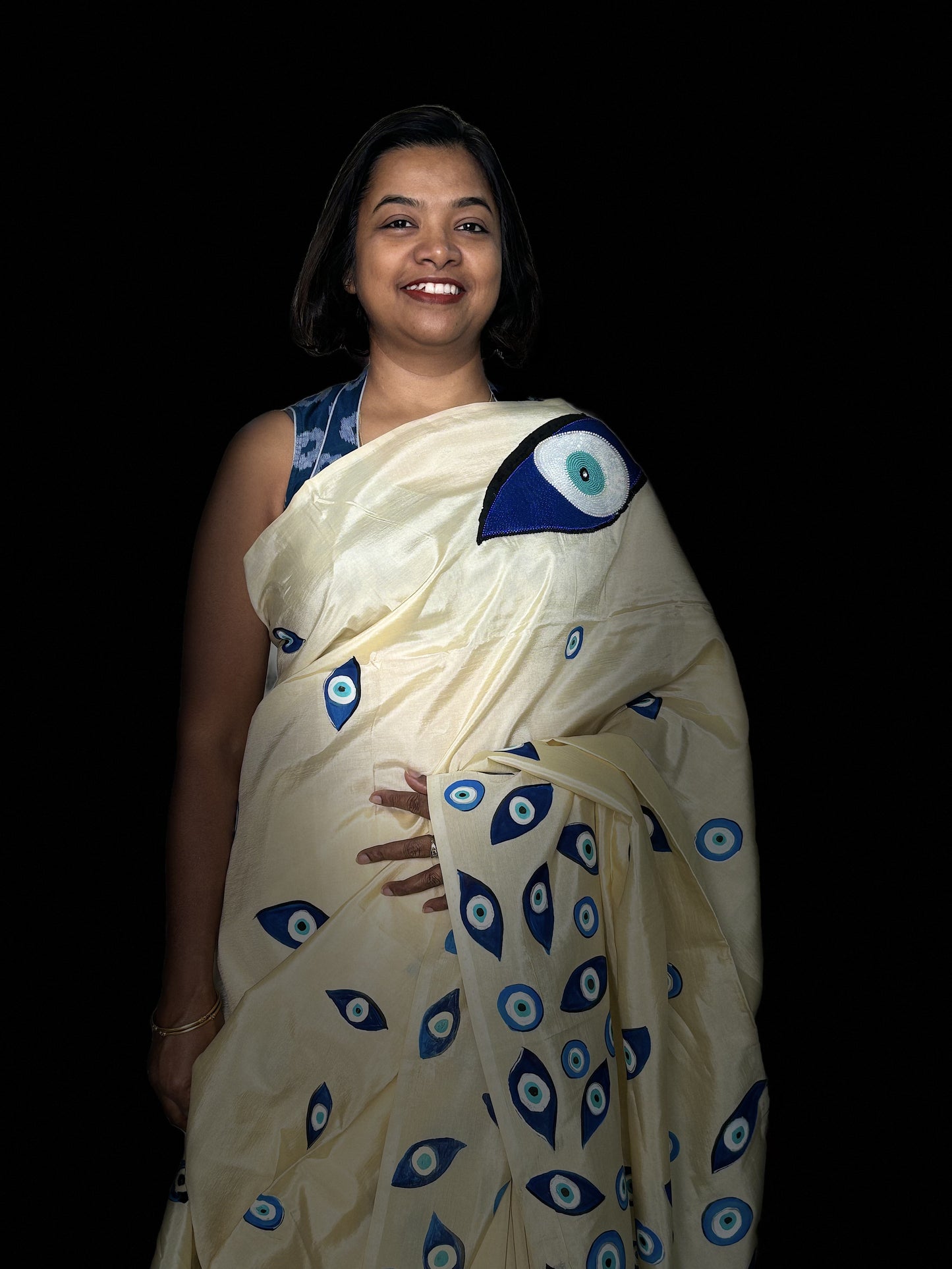 Off-White Cotton Silk Saree with Blue Evil Eye Design-2