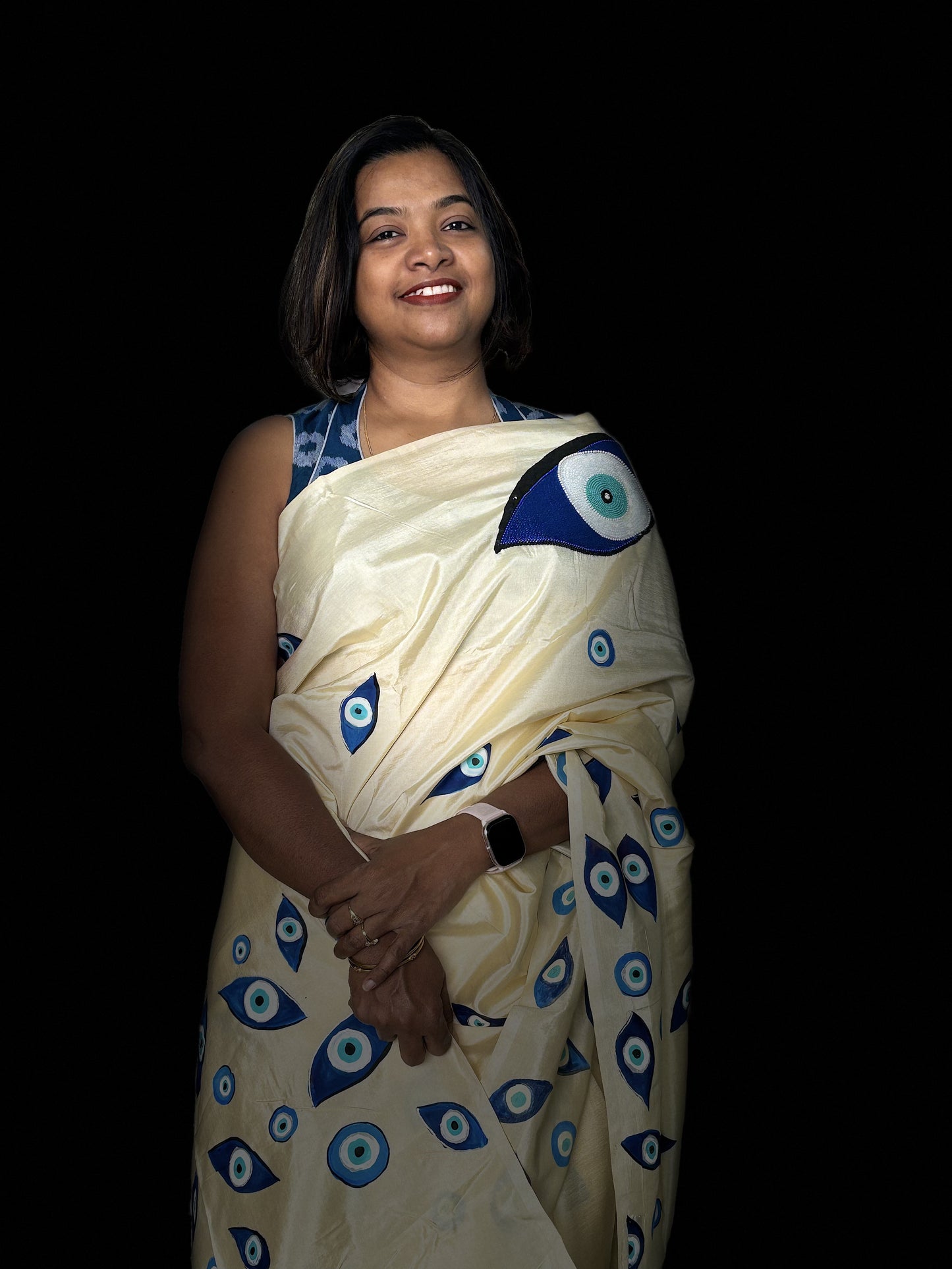 Off-White Cotton Silk Saree with Blue Evil Eye Design-2