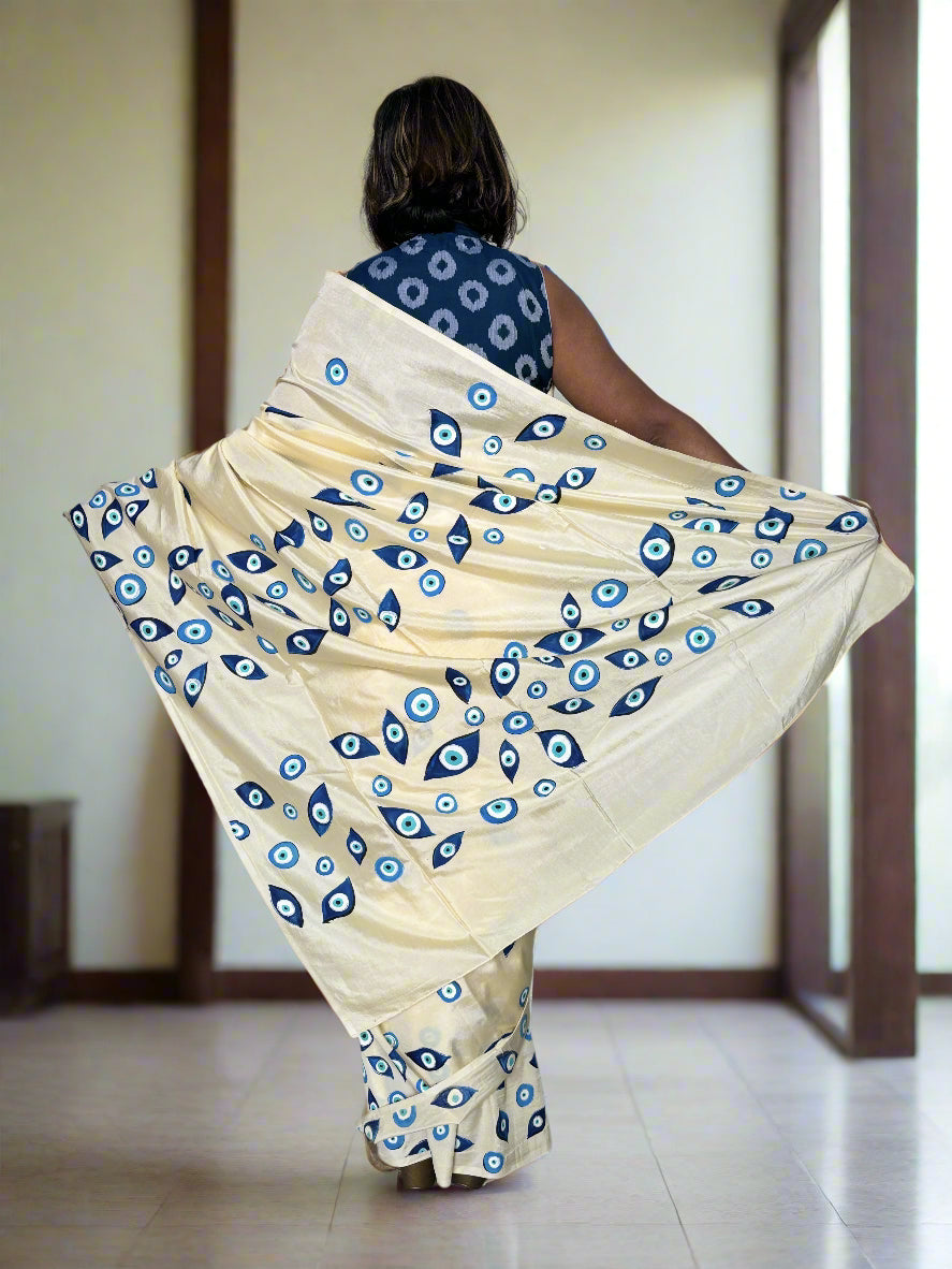 Off-White Cotton Silk Saree with Blue Evil Eye Design-2