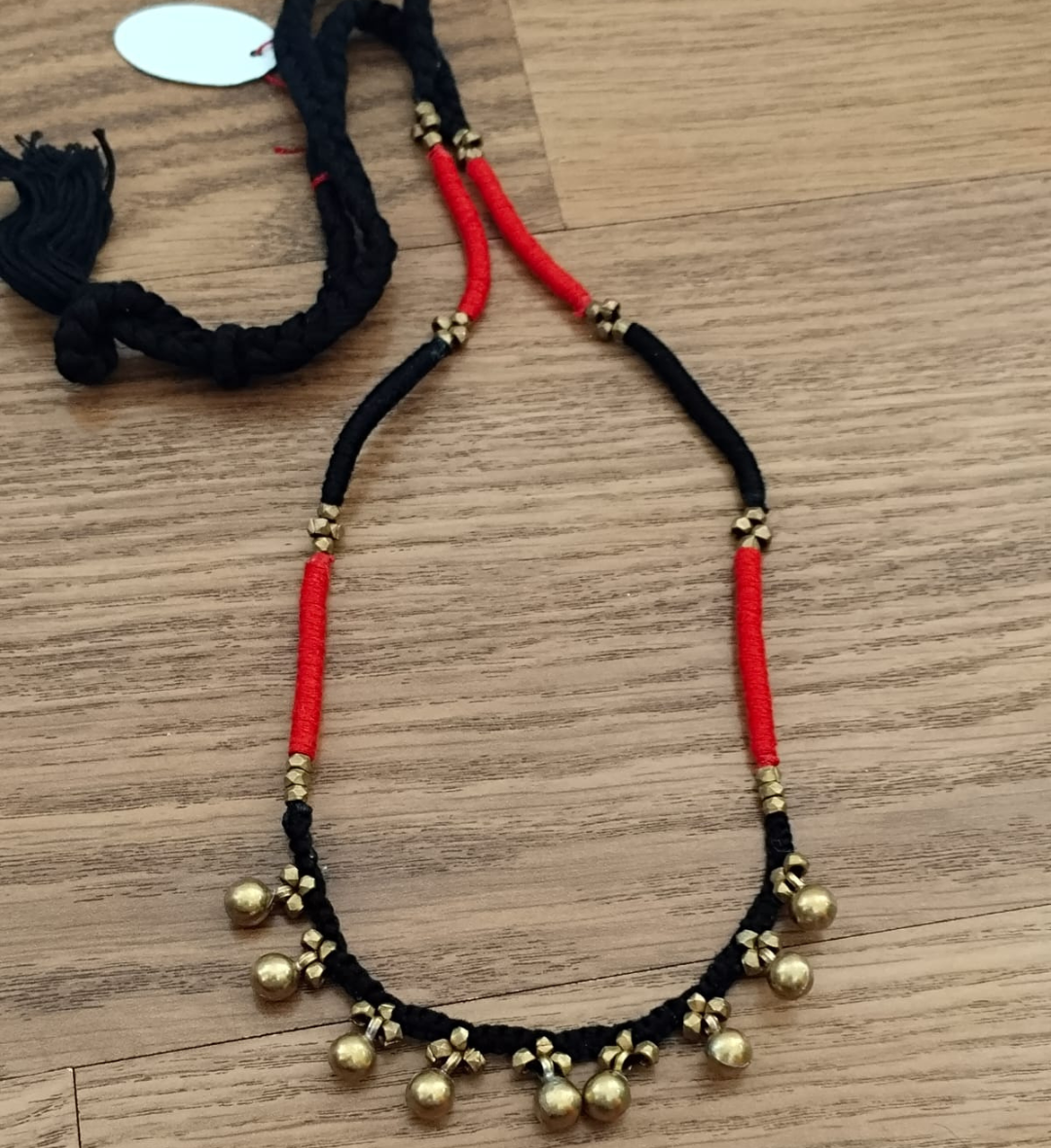 Advaita Handicrafts Ethnic Collection - Dhokra Brass Ghungroo Necklace with Red & Black Thread