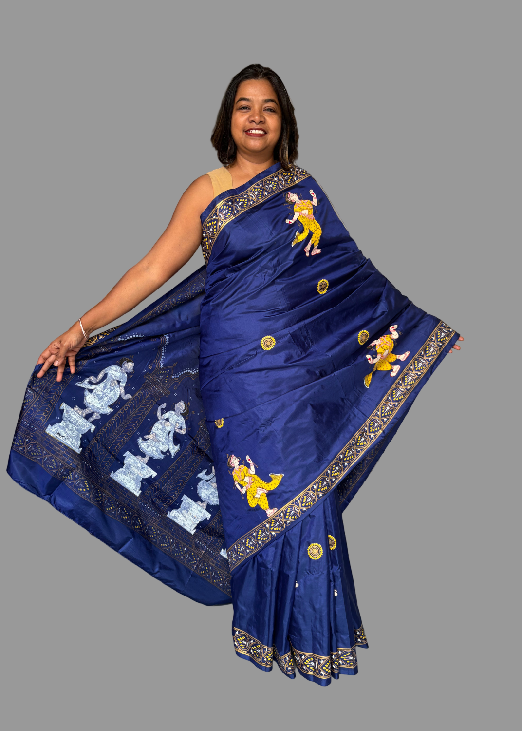 Blue and Gold Mulberry Silk Dancer Hand-painted Patachitra Saree