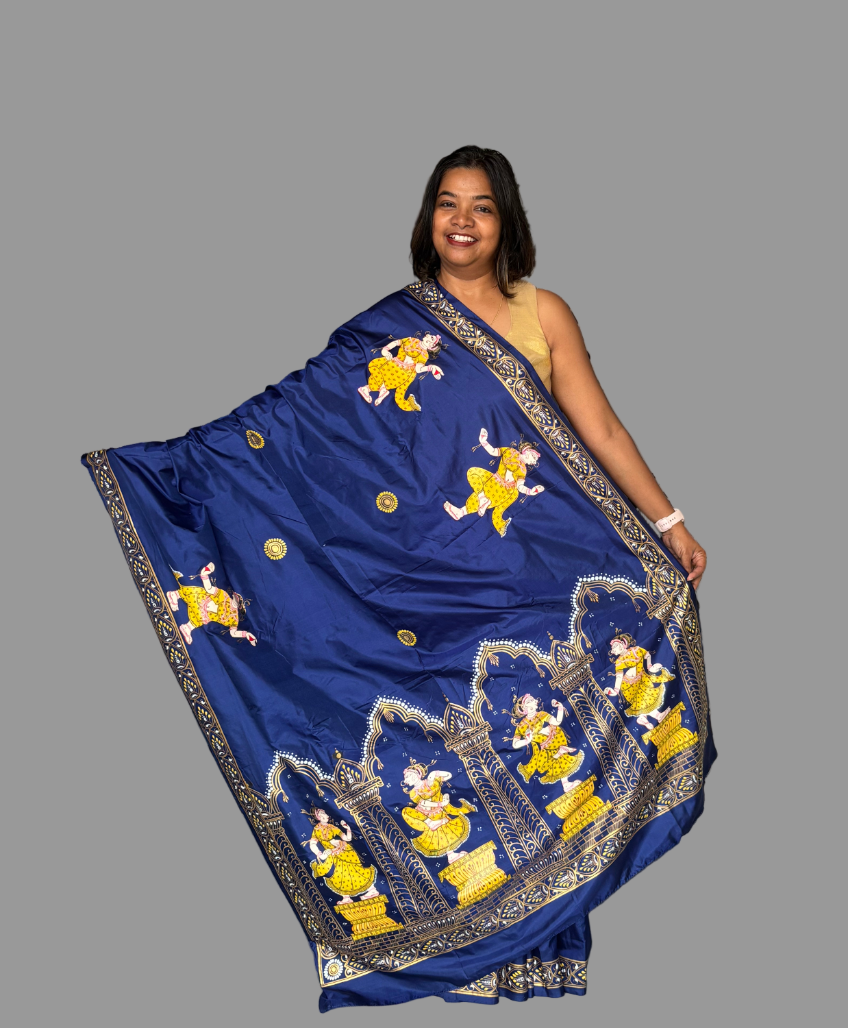 Blue and Gold Mulberry Silk Dancer Hand-painted Patachitra Saree