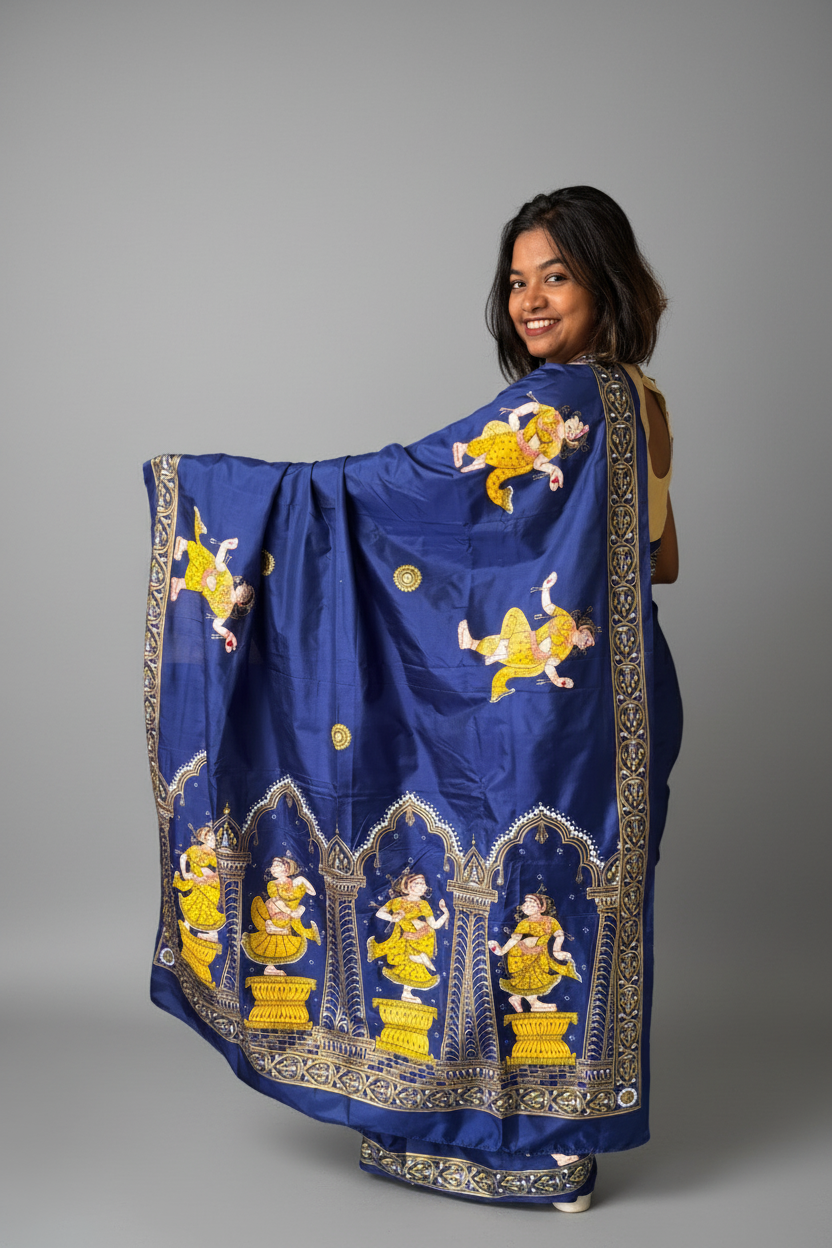 Blue and Gold Mulberry Silk Dancer Hand-painted Patachitra Saree