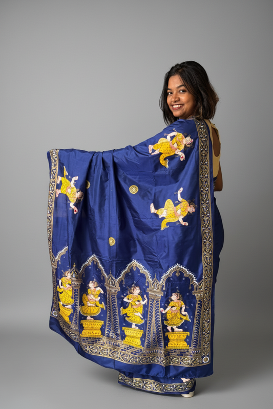 Blue and Gold Mulberry Silk Dancer Hand-painted Patachitra Saree