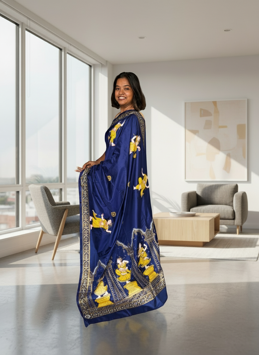 Blue and Gold Mulberry Silk Dancer Hand-painted Patachitra Saree