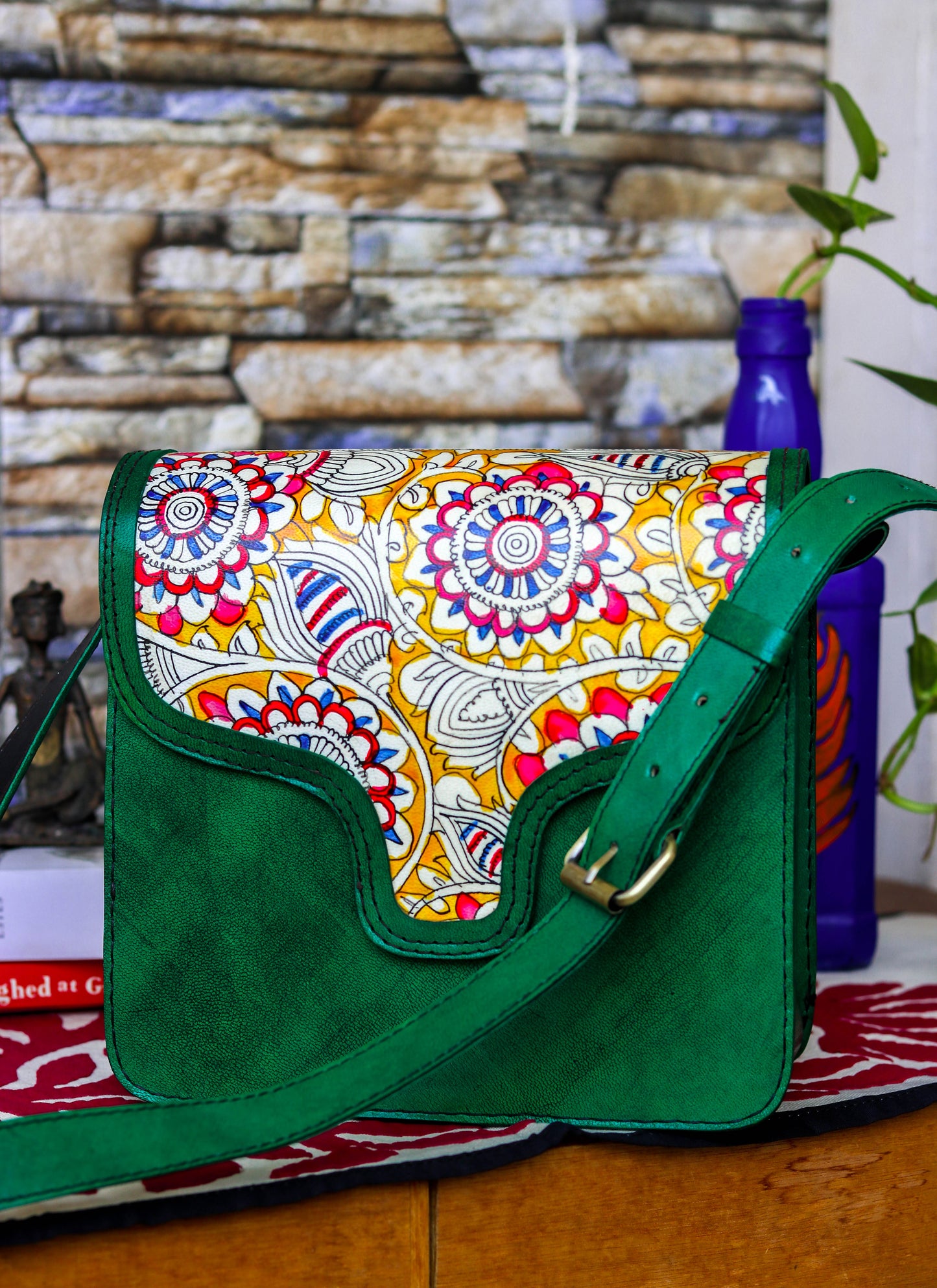 Advaita Handicrafts - Handpainted Leather Sling Purse - Green