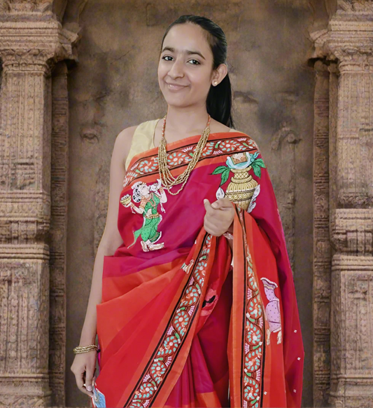 Ashta Lakshmi Saree in Orange and Pink Shade - Patachitra