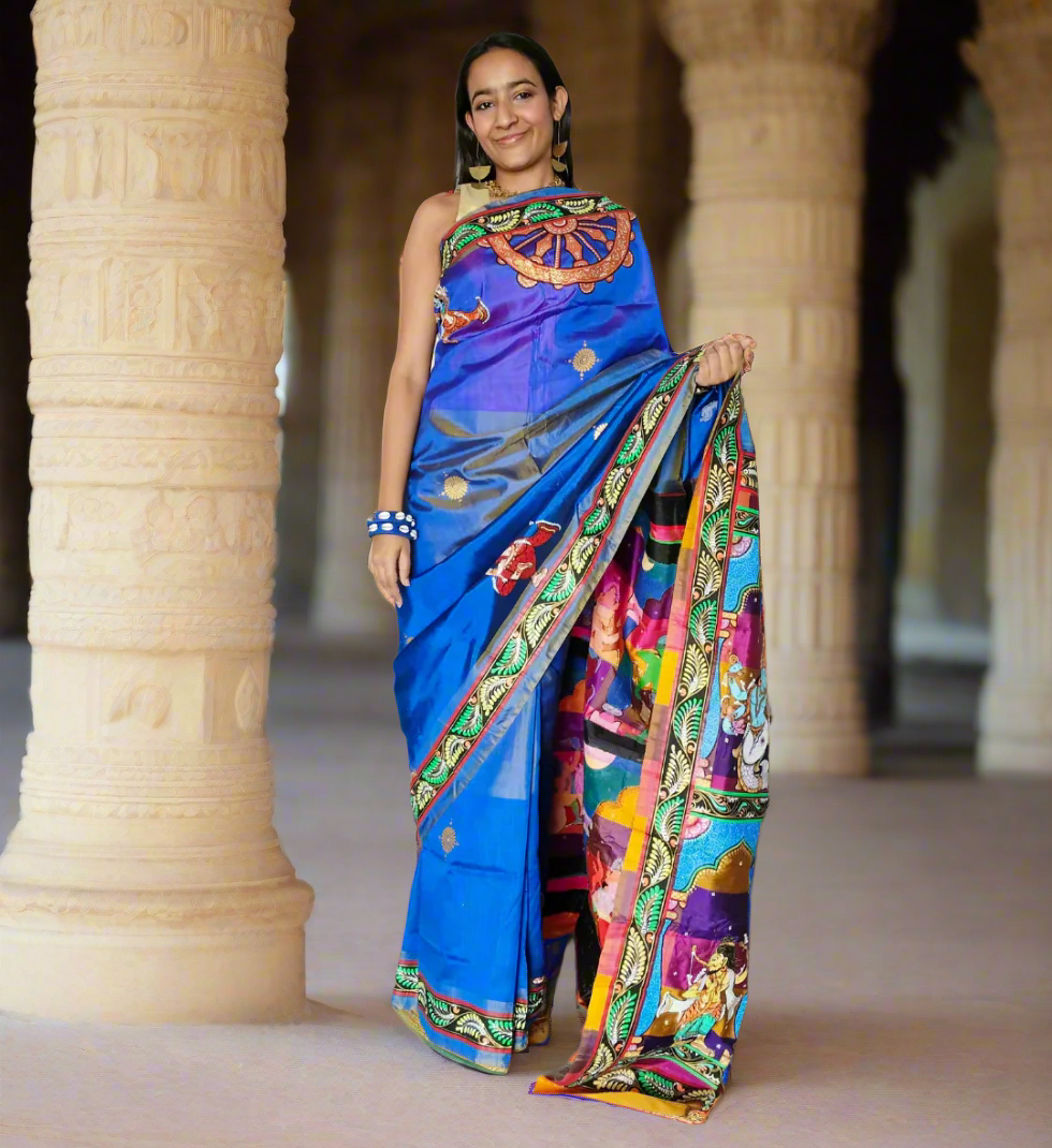 Vishnu Dashavatar Blue Mulberry Silk Saree - Hand-painted Poetry