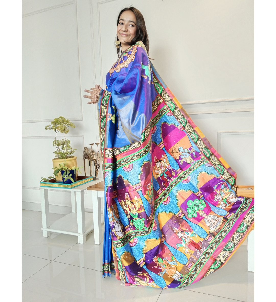 Vishnu Dashavatar Blue Mulberry Silk Saree - Hand-painted Poetry