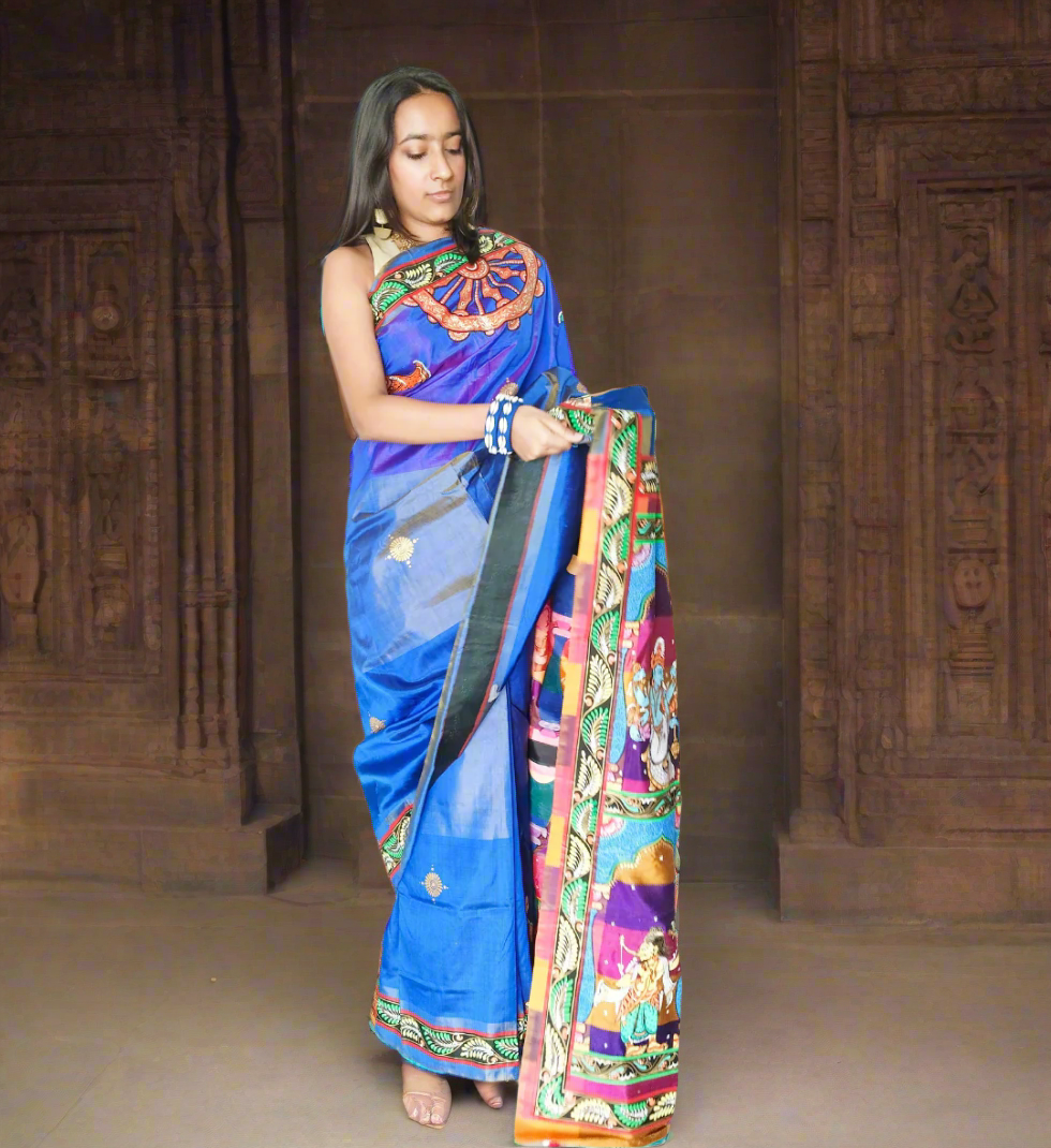 Vishnu Dashavatar Blue Mulberry Silk Saree - Hand-painted Poetry