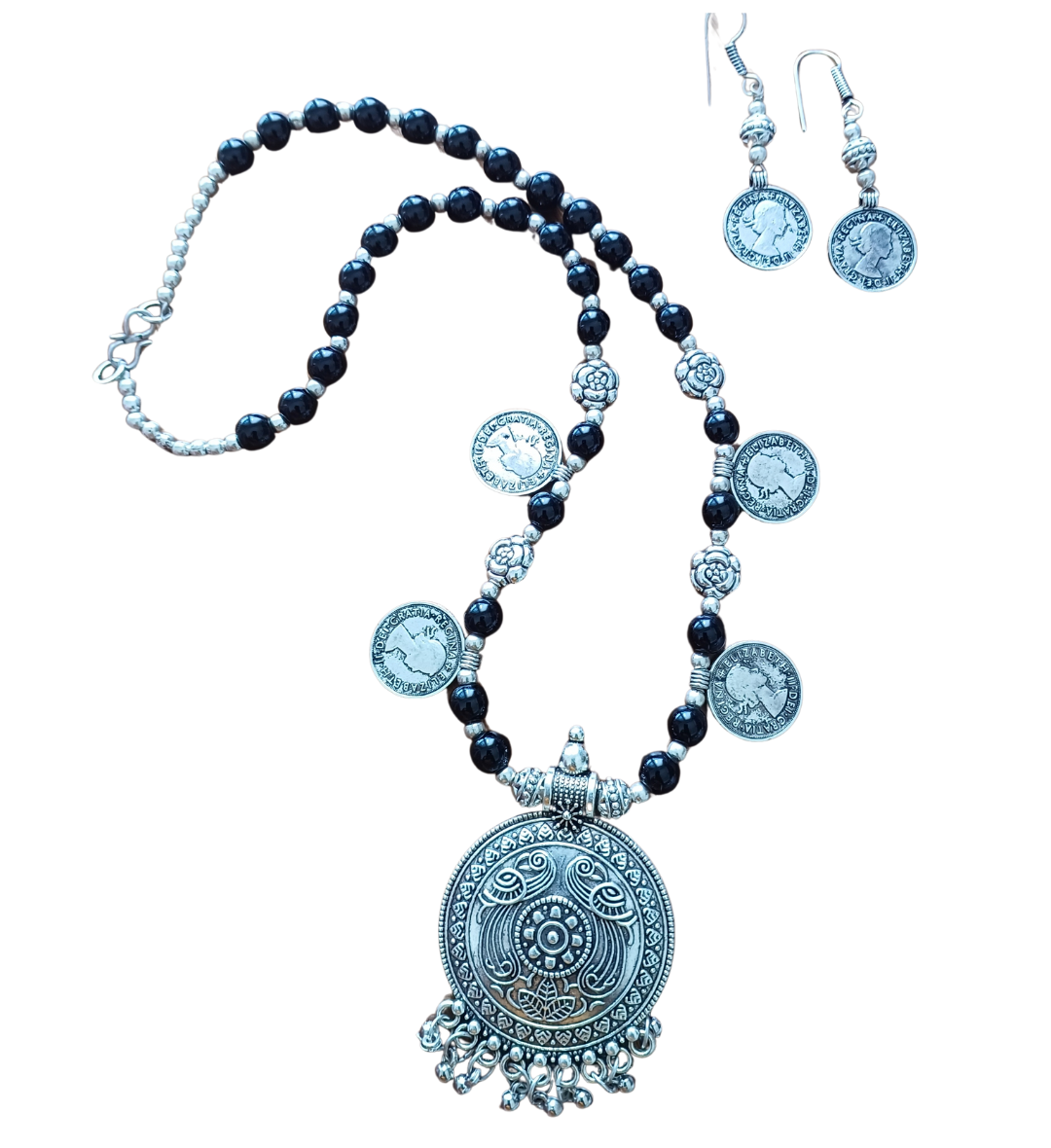 Advaita Handicrafts - Silver German Oxidized Necklace with Silver & Black Beads and Coins with Earrings.