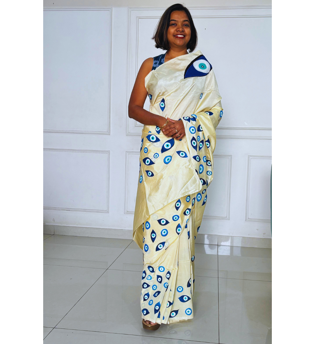 Off-White Cotton Silk Saree with Blue Evil Eye Design-2