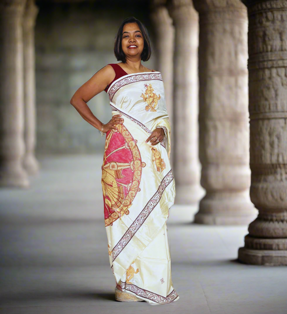 Beige Silk Cotton Konark Chakra Hand-painted Patachitra Saree