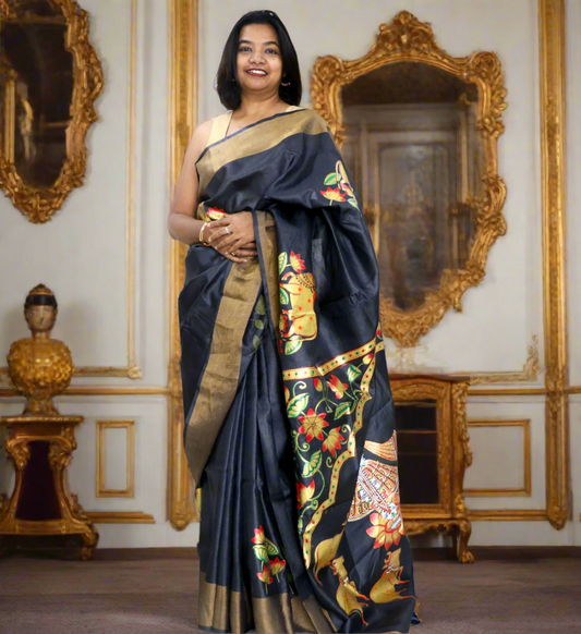 Black & Golden Tassar Silk Saree with Krishna Pichwai Design.