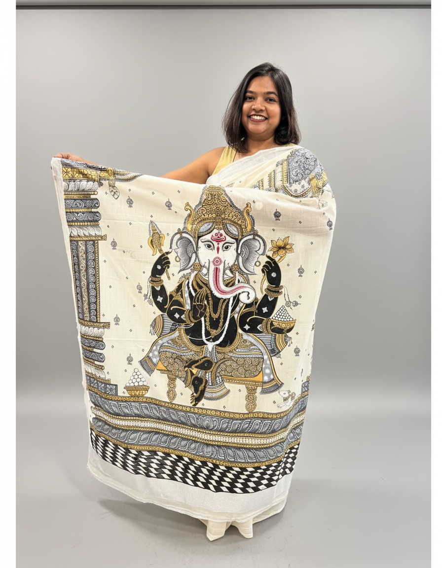 Hand-painted Ganesha Kerala Cotton Designer Mono-chrome Saree - Patachitra Style