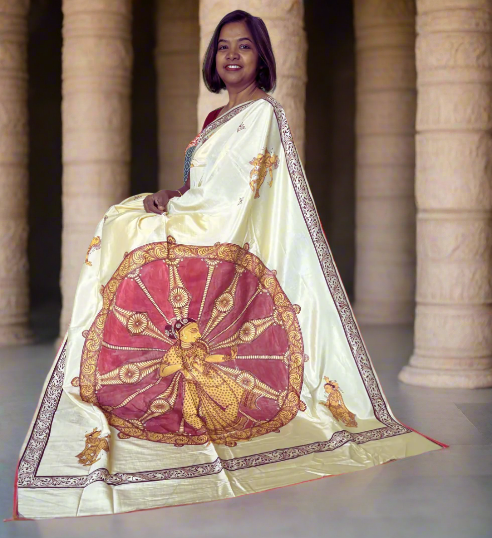 Beige Silk Cotton Konark Chakra Hand-painted Patachitra Saree