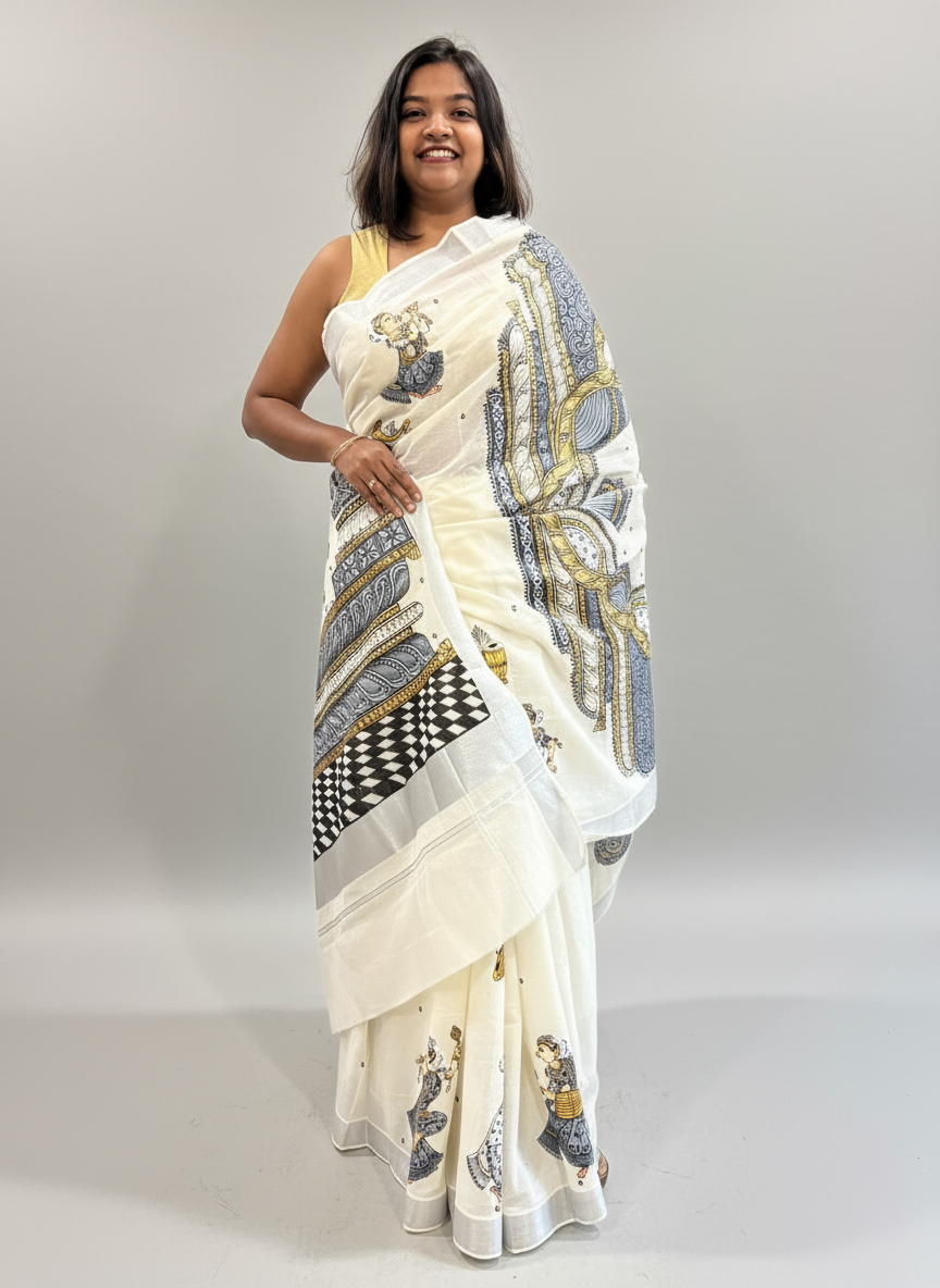 Hand-painted Ganesha Kerala Cotton Designer Mono-chrome Saree - Patachitra Style