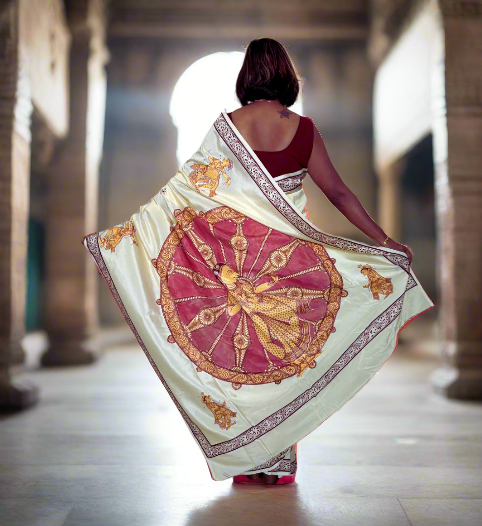 Beige Silk Cotton Konark Chakra Hand-painted Patachitra Saree