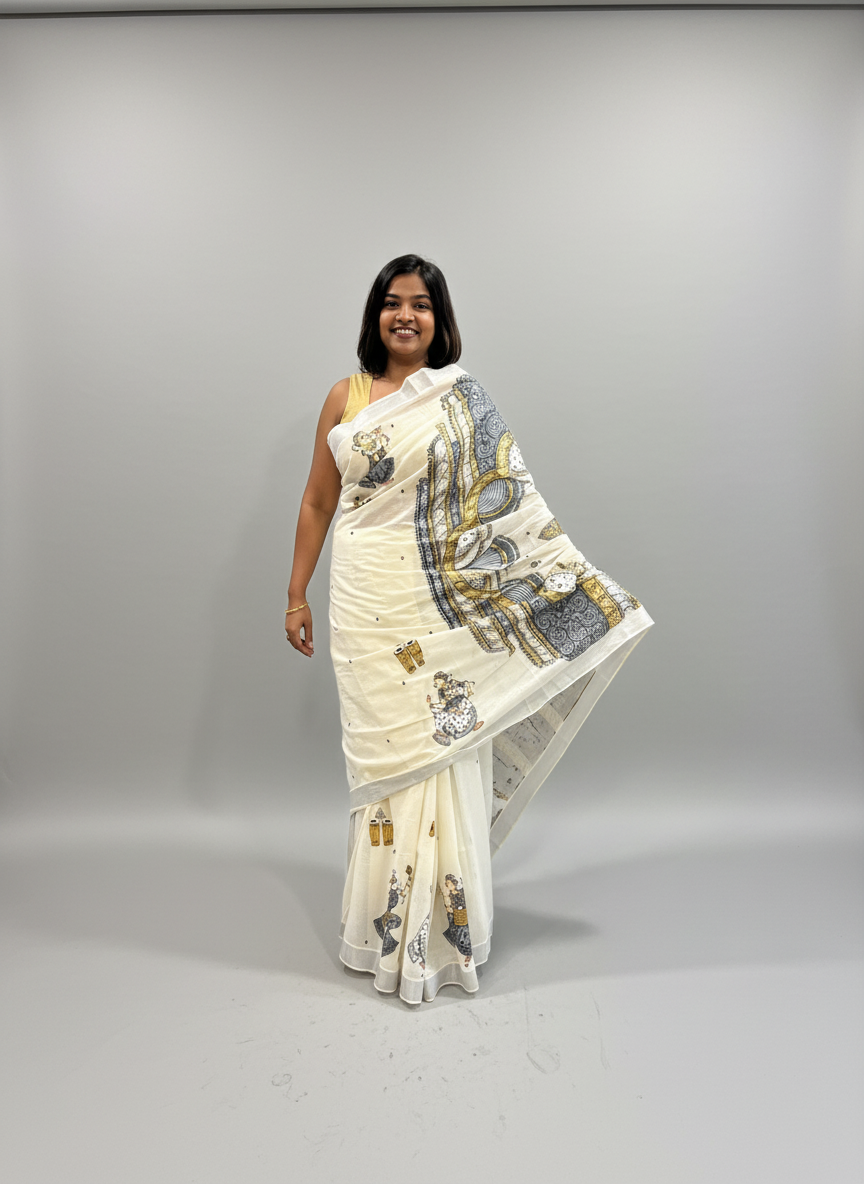 Hand-painted Ganesha Kerala Cotton Designer Mono-chrome Saree - Patachitra Style